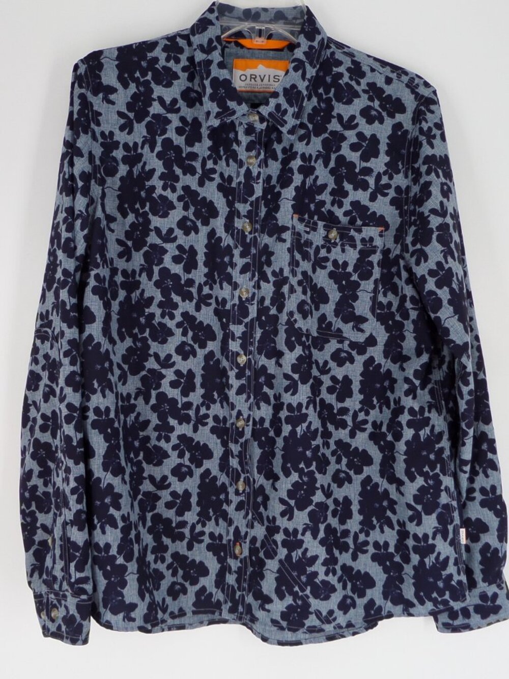 Orvis Woman's Long Sleeve Button Blouse Floral Print in Blues Size XL EUC
